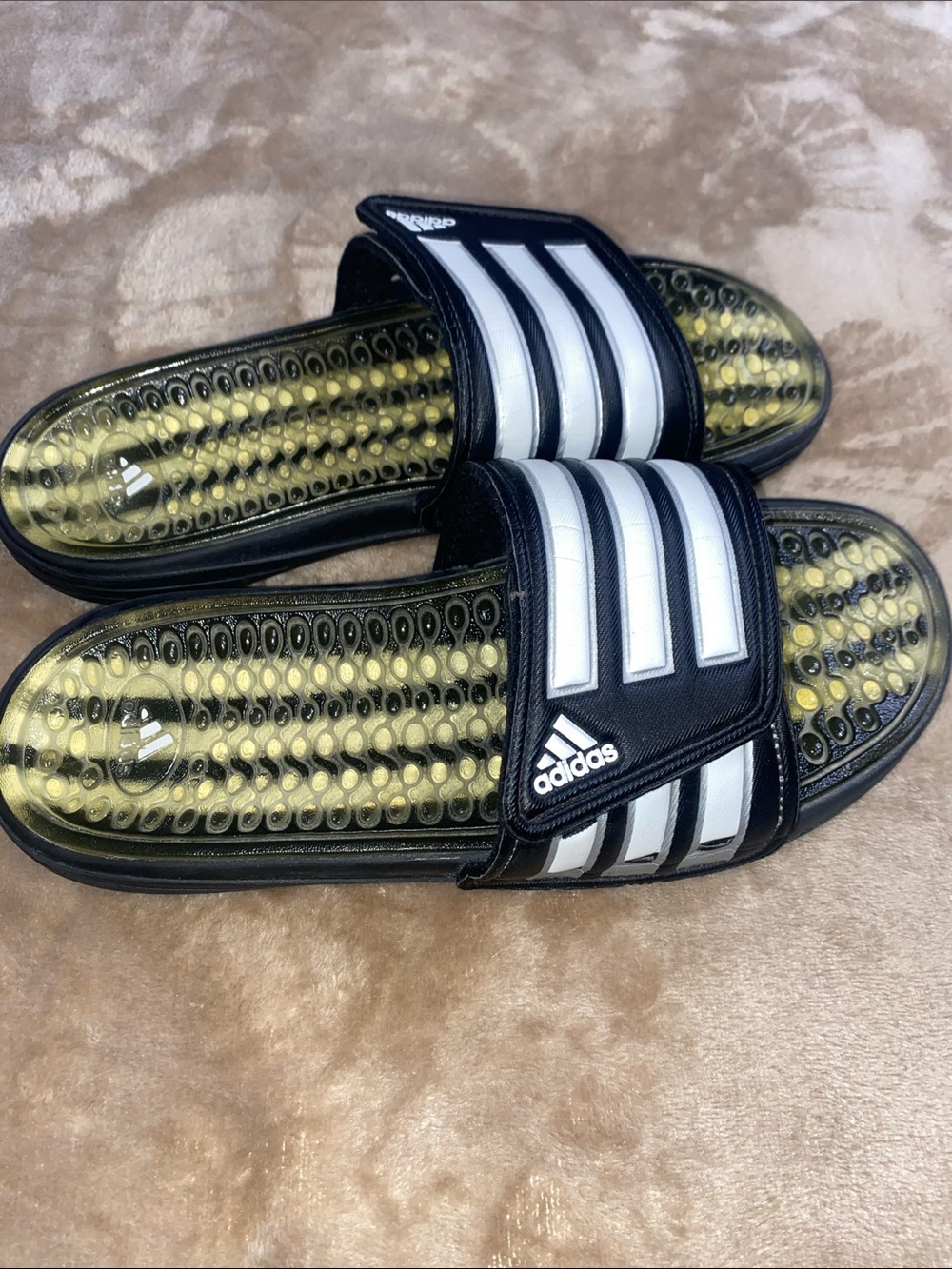 adidas Black Slides with Footbed and White Stripes